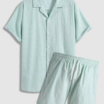 Men's textured short-sleeved shirt casual shorts solid color set