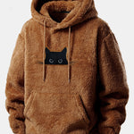 Relax Fit Black Cat Embroidered Teddy Hoodie