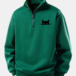 Relax Fit Black Cat Print Quarter Zip Sweatshirt