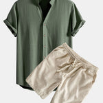 Short Sleeve V Neck Linen Rayon Blend Shirt & Linen Cotton Blend Drawstring Shorts