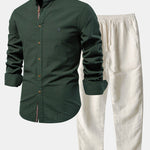 Long Sleeve Linen Look Stand Collar Shirt & Straight Leg Linen Pants
