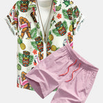 Tropical Tiki Bigfoot Print Button Up Shirt & Man Mid Length Drawstring Swim Shorts