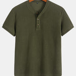 Henley Neck Textured Ribbed Hem T-Shirt
