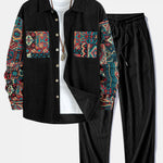 Ethnic Geometric Jacquard Patchwork Corduroy Shirt & Straight Leg Corduroy Pants