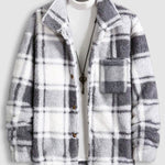 Men's Classic Plaid  Fluffy Faux Fur Single Pocket Button Lapel Jacket