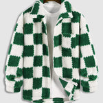 Men's Large Wave Plaid Faux Fur Single Pocket Zip-up Jacket