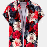 Tropical Flowers Print Button Up Shirt & Solid Drawstring Swim Shorts