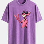 Pink Panther With V Sign Print Washed Distressed Drop Shoulder T-Shirt