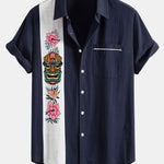 Tiki Tribe Hawaii Print Linen Look Contrast Button Up Shirt
