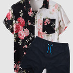 Men's Hawaiian Floral Patchwork Short Sleeve Shirt Swimming Shorts Set