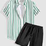 Men's printed striped casual short-sleeved shirt shorts set