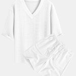 Relax Fit Geometric Jacquard V Neck Three Quarter Sleeve T-Shirt & Shorts
