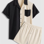 Men's Terry Cloth Plaid Color Block Cuban Collar Shirt Casual Shorts Set