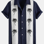 Palm Tree Print Linen Look Patchwork Bowling Shirt