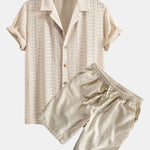 Floral Jacquard Textured Cuban Shirt & Linen Cotton Blend Drawstring Shorts