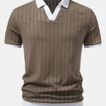 Striped Textured Johnny Collar Open Knit Polo