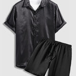 Men's satin striped business short-sleeved shirt casual shorts set