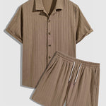 Men's retro jacquard solid color short-sleeved shirt casual shorts set