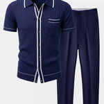 Contrast Trim Ribbed Knit Shirt & Slim Fit Tapered Trousers