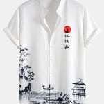 Ink Landscape Painting Stand Collar Shirt & Man Mid Length Drawstring Swim Shorts