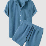 Men's Retro Corduroy Casual Lapel Solid Button Short Sleeve Shirt Shorts Set