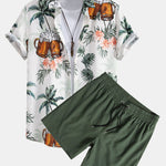 Palm Tree Beer Print Button Up Shirt & Solid Drawstring Swim Shorts