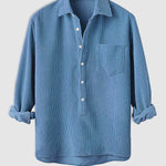 Men's Half Button Corduroy Long Sleeve Shirt-Light Blue
