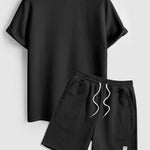 Geometric jacquard round neck T-shirt + shorts 2-piece set