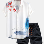 Oriental Ink Painting Button Up Shirt & Man Mid Length Drawstring Swim Shorts