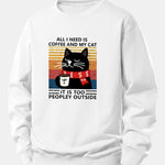 Black Cat Drinking Coffee Print Relax Fit Sweatshirt