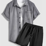 Men's Brushed Corduroy Button-Up Shirt Casual Shorts Set