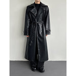 Double Breasted Belted PU Leather Long Trench Coat