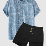 Men's Floral Print Casual Short Sleeve Shirt Quick-Drying Swimming Shorts Set