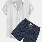 Crinkled Textured Button Up Shirt & Striped Print Swim Shorts