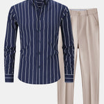 Long Sleeve Stripe Cotton Button Up Shirt & Slim Fit Tapered Trousers