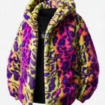 Faux Fur Colorful Leopard Zip Up Hooded Coat