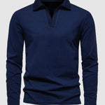 Men's Retro Solid Color V-Neck Lapel POLO Long Sleeve T-Shirt