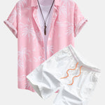 Palm Tree Island Print Button Up Shirt & Drawstring Swim Shorts