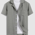 Men's solid color cotton and linen textured Cuban collar short-sleeved shirt