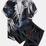 Tropical Leaves Print Button Up Shirt & Swim Shorts