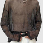 Men's mesh sheer shiny breathable mesh bottom long-sleeved T-shirt