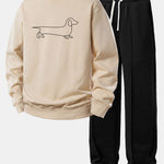 Line Dachshund Print Relax Fit Sweatshirt & Straight Leg Pleated Pintuck Sweatpants