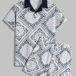 Men's Ethnic Paisley Print POLO Short Sleeve Shirt  Shorts Set