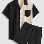 Men's Terry Cloth Plaid Color Block Cuban Collar Shirt Casual Shorts Set
