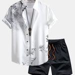 Traditional Oriental Ink Painting Print Stand Collar Shirt & Drawstring Swim Shorts