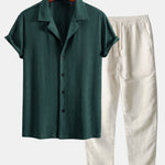 Muscle Fit Diamond Texture Cuban Shirt & Straight Leg Linen Pants