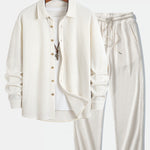 Long Sleeved Waffle Button Up Shirt & Drawstring Knitted Waffle Pants