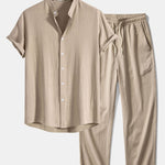 Linen And Rayon Blend Stand Collar Shirt & Wrinkle Textured Straight Leg Pants