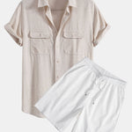 Linen Rayon Blend Pocket Utility Shirt & Crinkled Textured Drawstring Shorts