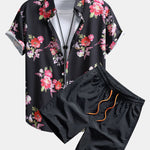 Floral Paint Button Up Shirt & Man Mid Length Drawstring Swim Shorts